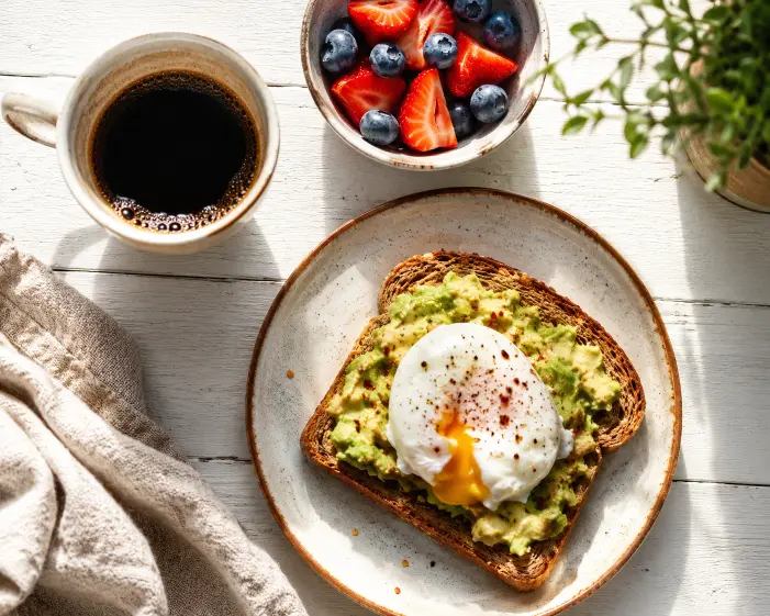 desayuno saludable para diabéticos con tostada integral, aguacate y huevo
