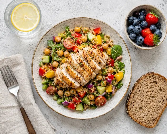 ensalada de quinoa con pollo a la parrilla, garbanzos y verduras frescas, comida saludable para diabéticos