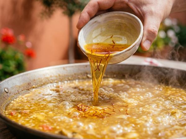 una paella terminada con ese color dorado característico, o la infusión justo cuando se vierte al caldo.