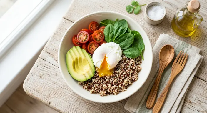 Bowl de huevo poché con quinoa y verduras