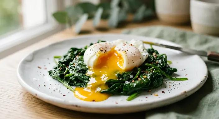 Huevos escalfados sobre espinacas salteadas, Recetas con Huevos para Cenar