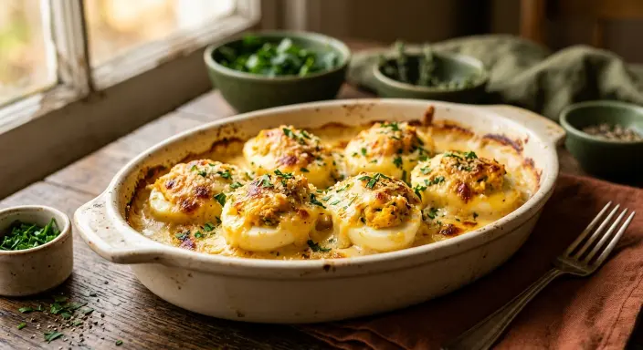 Huevos rellenos calientes con bechamel