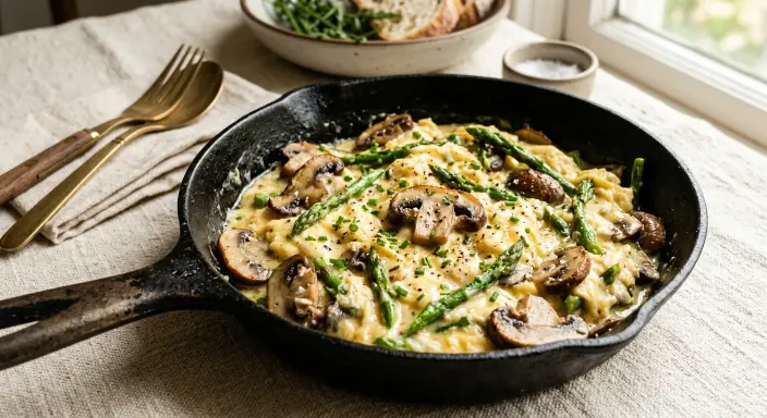 Revuelto de huevos con champiñones y espárragos