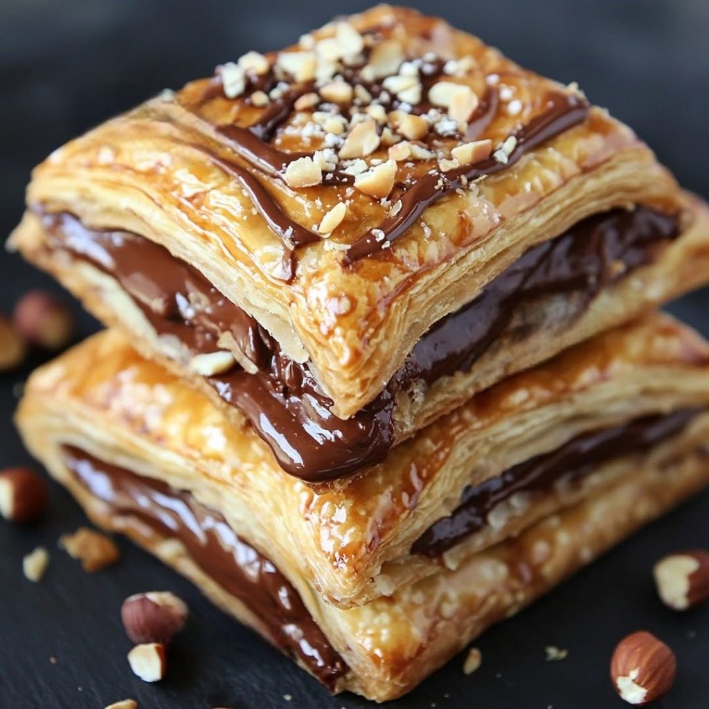 Hojaldres rellenos de crema de chocolate con avellanas troceadas por encima