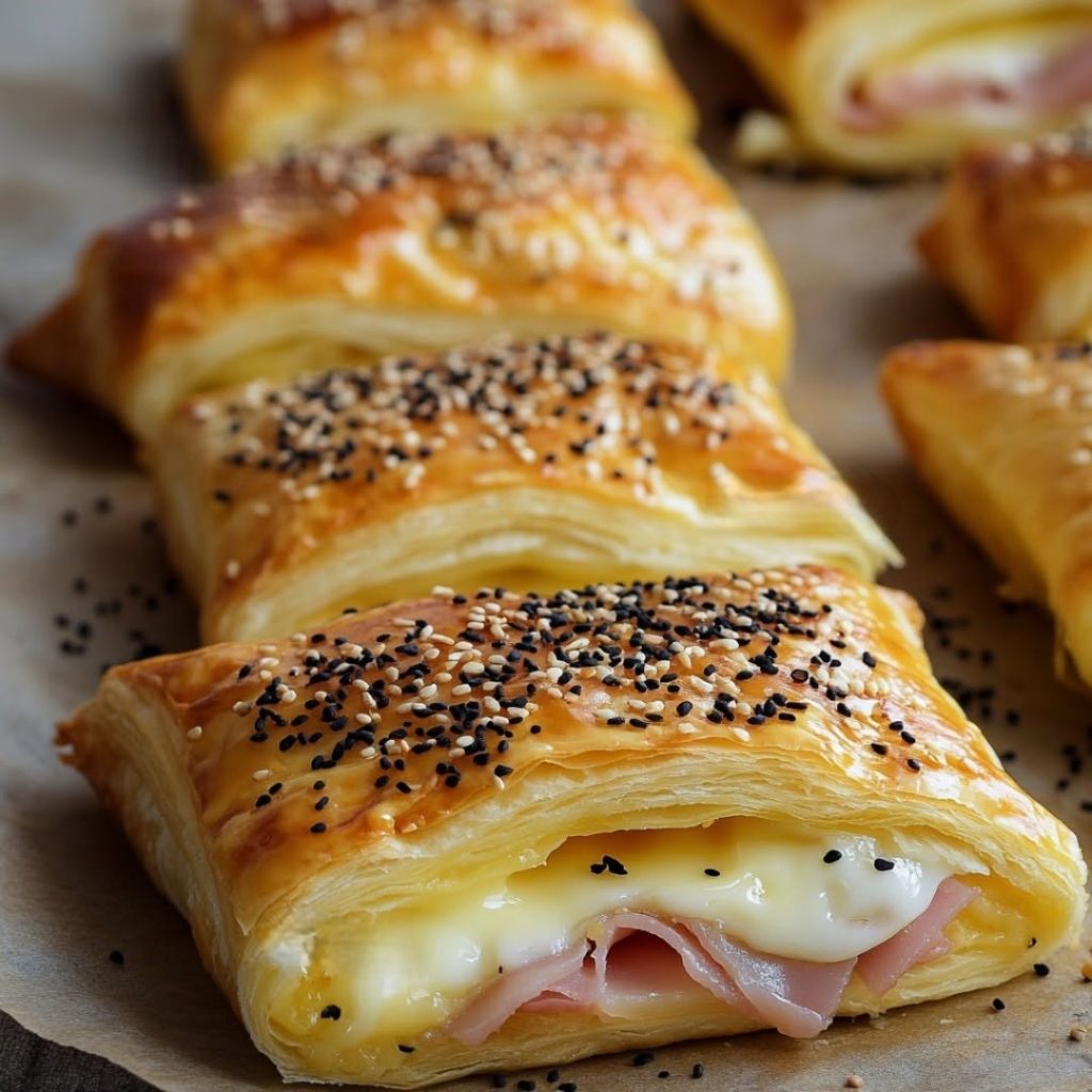 Recetas con hojaldre saladas para cenar: hojaldres de pavo y queso con sésamo