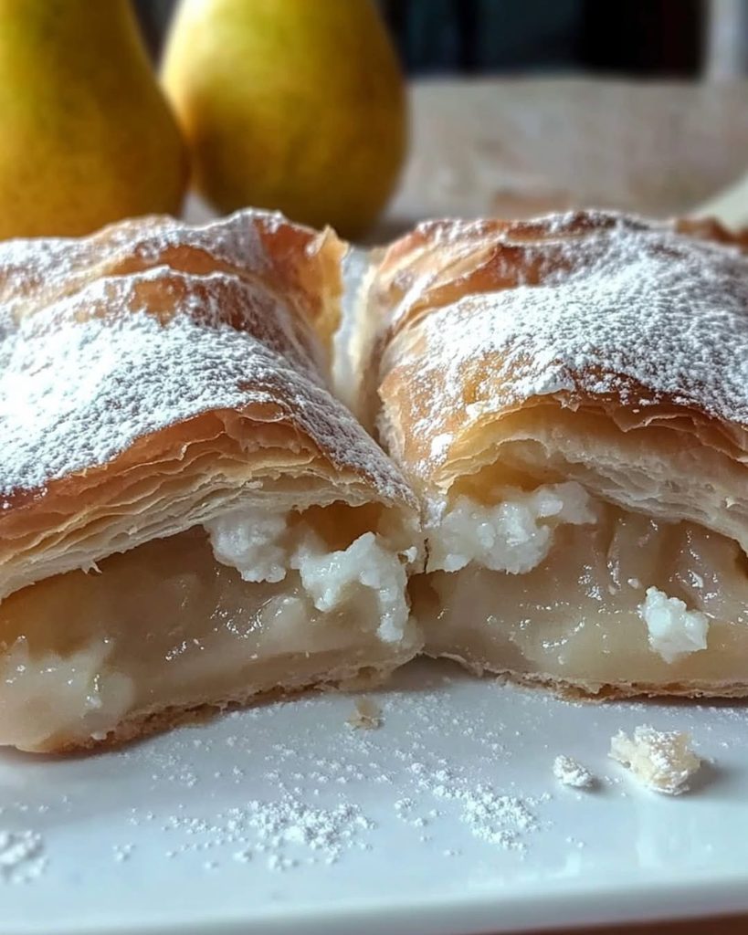 Strudel de pera con hojaldre cortado por la mitad y espolvoreado con azúcar glas