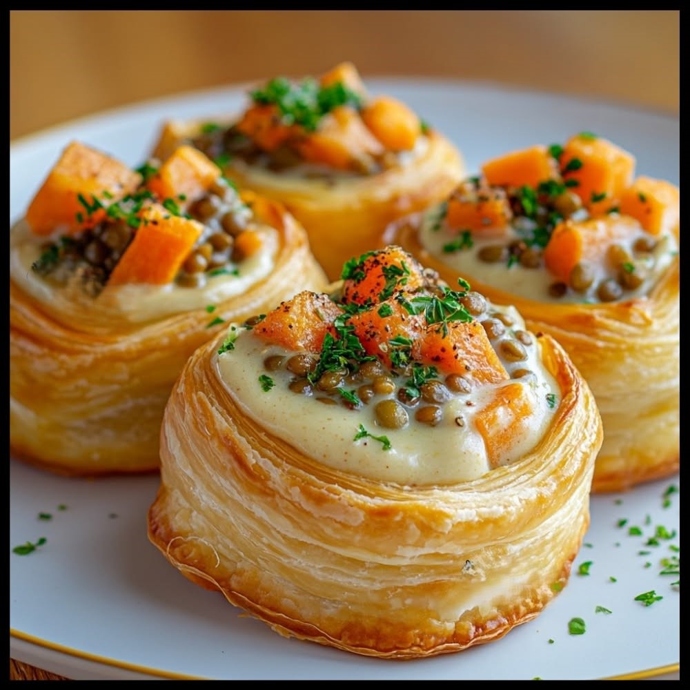 Volovanes de hojaldre rellenos de lentejas verdes, calabaza asada y crema con perejil
